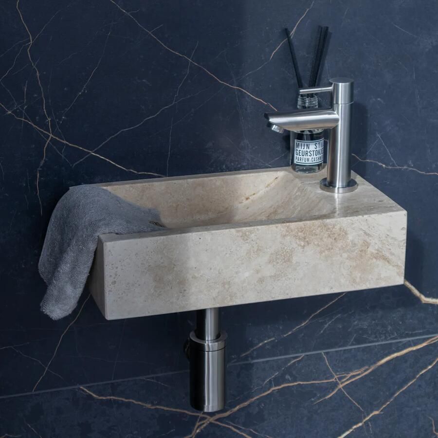 Saniclear White Travertin fonteinset met rechte kraan in RVS