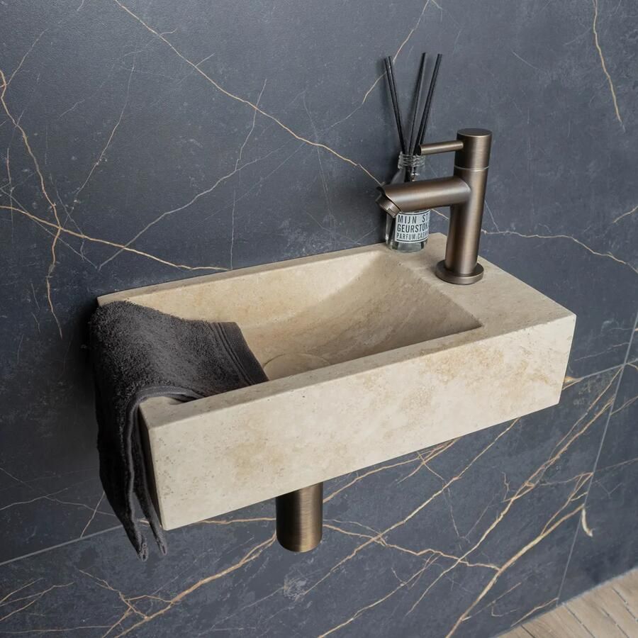 Saniclear White Travertin fonteinset met rechte kraan in verouderd messing