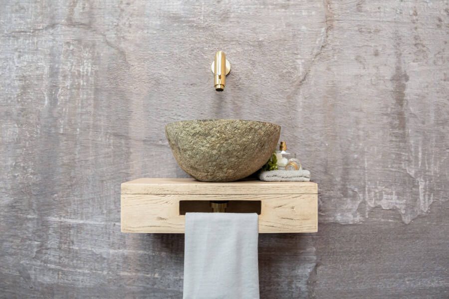 Saniclear Seba fonteinset met eiken plank rivierstenen waskom en gouden kraan voor in het toilet