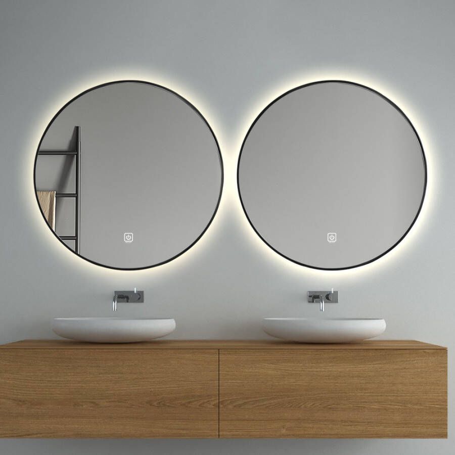 Saniclear Set van 2 Circle Black ronde spiegel met LED verlichting 60cm incl. spiegelverwarming mat zwart