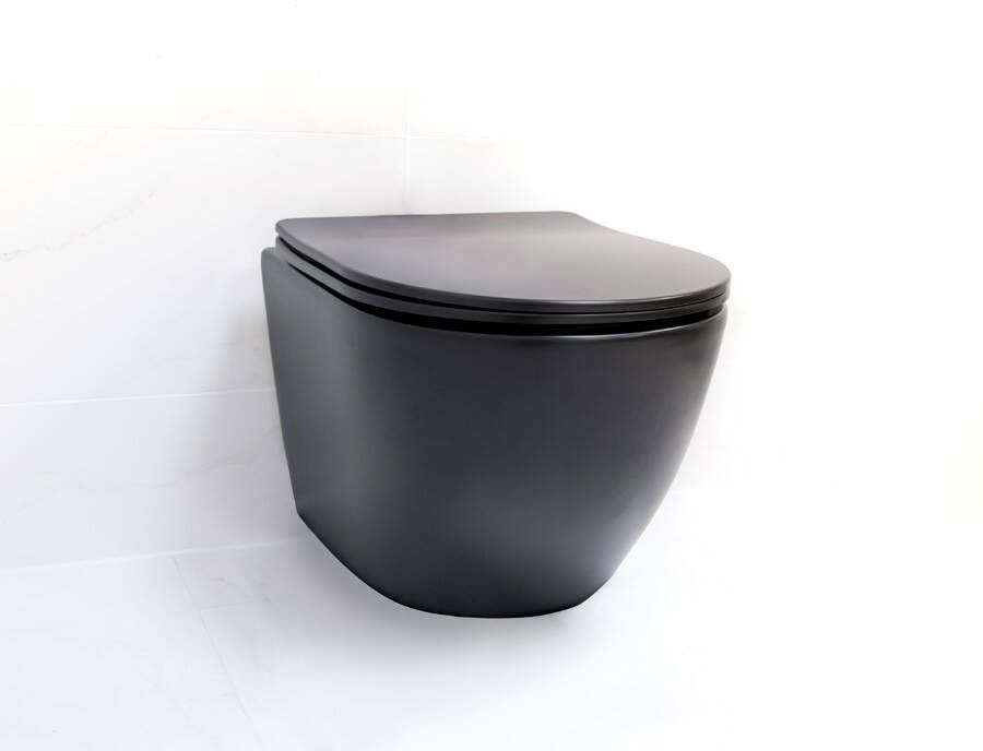 SaniGoods Apollo mat zwarte toiletpot inclusief zitting anti-kalk 48cm