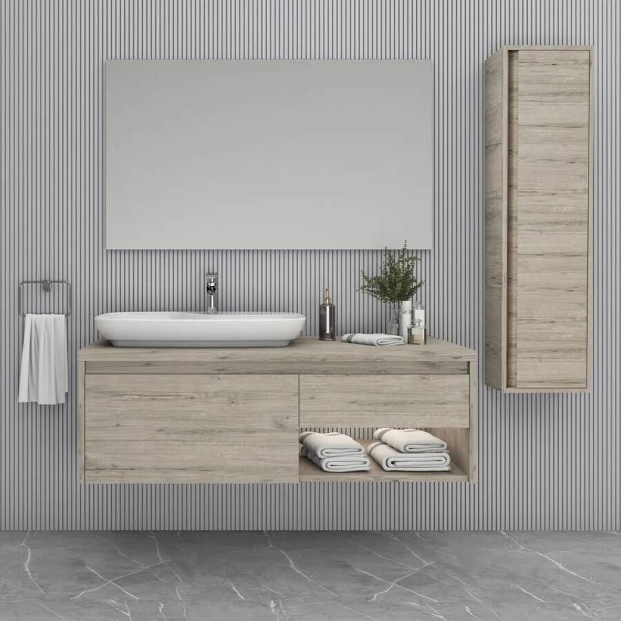 SaniGoods Cali badmeubel 120cm eiken licht met solid surface waskom wit mat