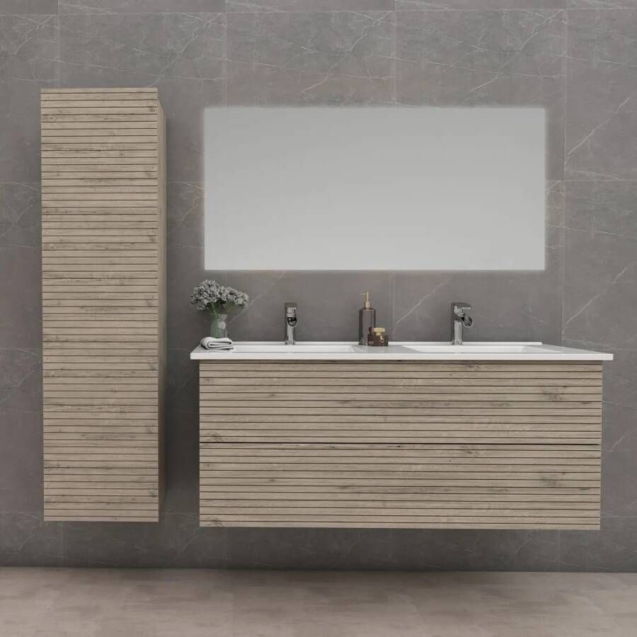 SaniGoods Maisy badmeubel ribbelfront 120cm eiken met solid surface wastafel met kraangaten wit mat