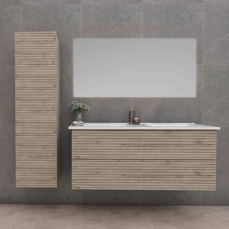 SaniGoods Maisy badmeubel ribbelfront 120cm eiken met solid surface wastafel zonder kraangaten wit mat