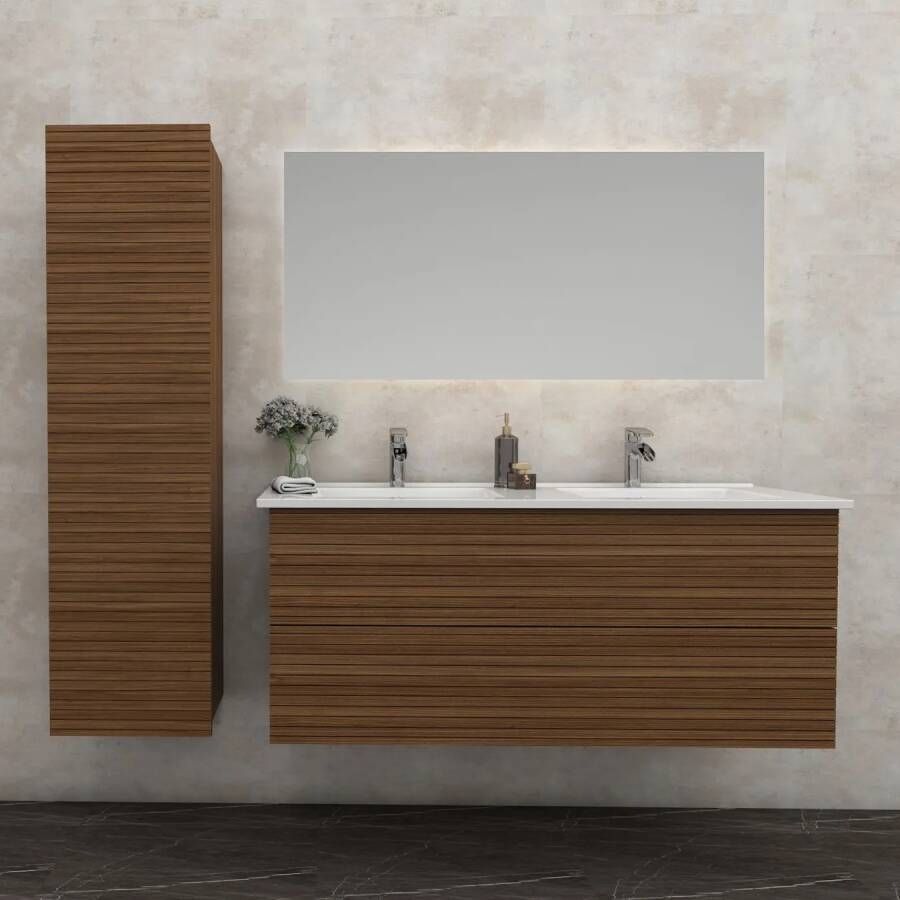 SaniGoods Maisy badmeubel ribbelfront 120cm walnoot met solid surface wastafel met kraangaten wit mat