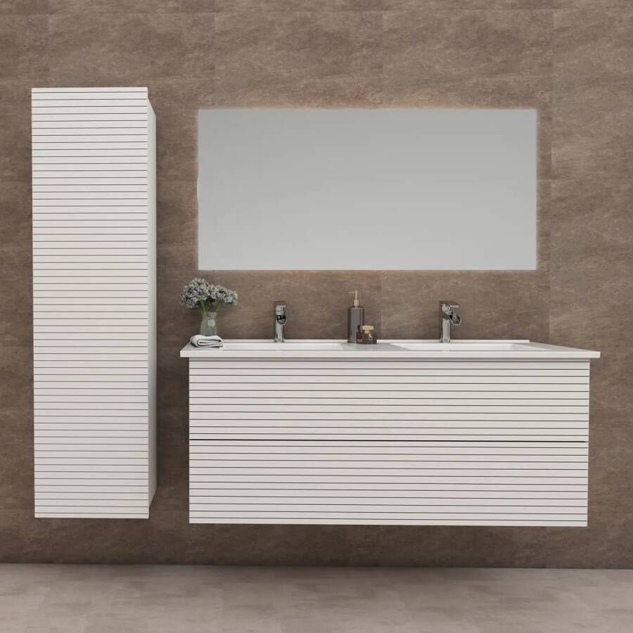 SaniGoods Maisy badmeubel ribbelfront 120cm wit met solid surface wastafel met kraangaten wit mat