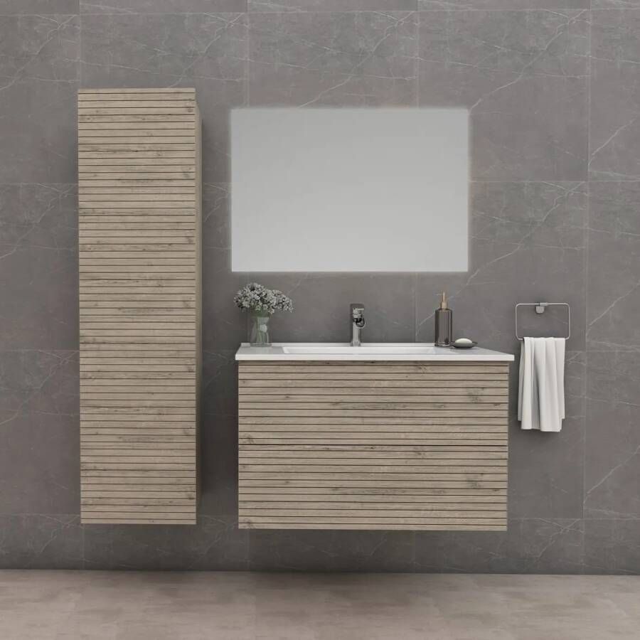 SaniGoods Maisy badmeubel ribbelfront 60cm eiken met solid surface wastafel met kraangat wit mat