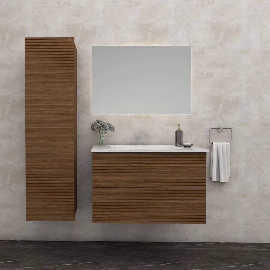 SaniGoods Maisy badmeubel ribbelfront 60cm walnoot met solid surface wastafel zonder kraangat wit mat