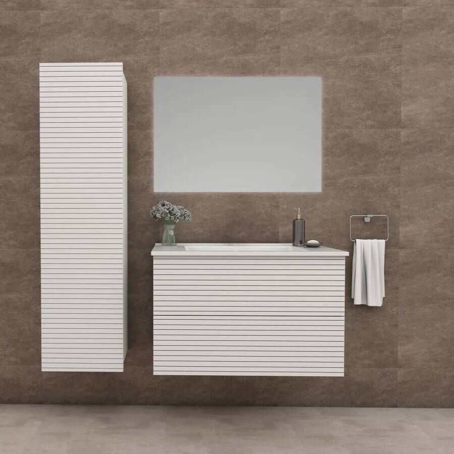 SaniGoods Maisy badmeubel ribbelfront 60cm wit met solid surface wastafel zonder kraangat wit mat