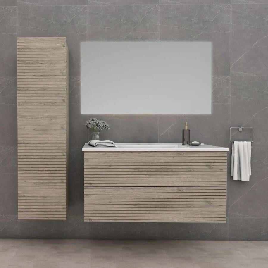 SaniGoods Maisy badmeubel ribbelfront 80cm eiken met solid surface wastafel zonder kraangat wit mat