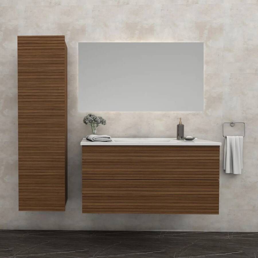 SaniGoods Maisy badmeubel ribbelfront 80cm walnoot met solid surface wastafel zonder kraangat wit mat