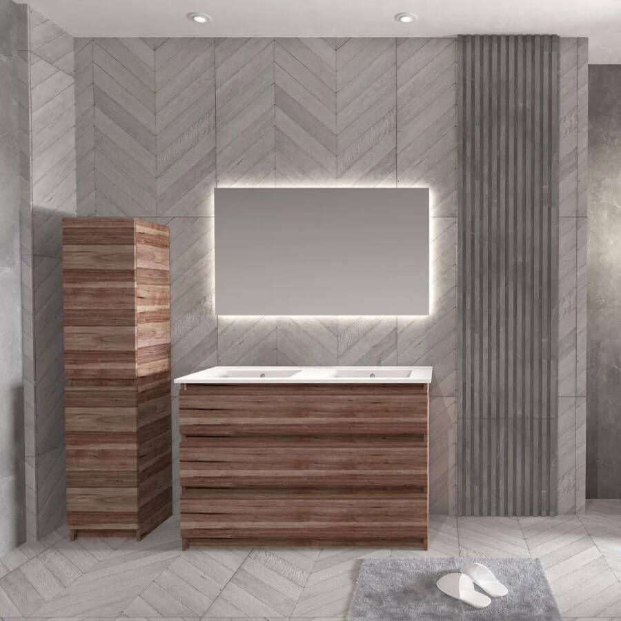 SaniGoods Rocky staand badmeubel 120cm walnoot met keramische wastafel zonder kraangaten wit glans