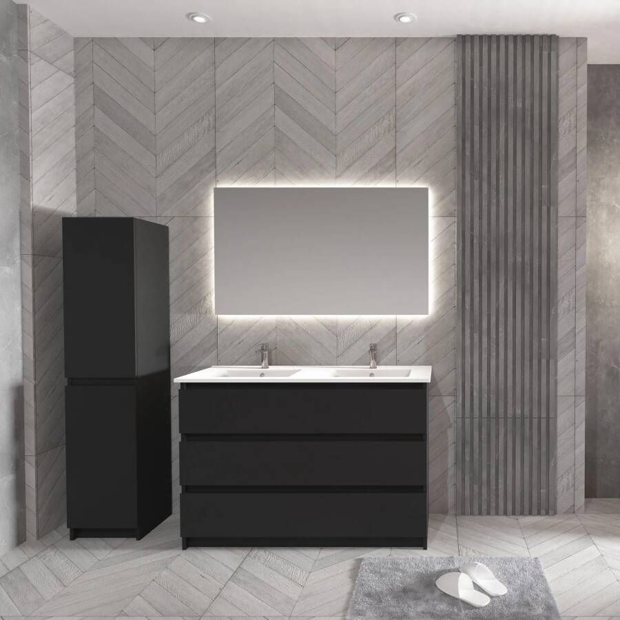 SaniGoods Rocky staand badmeubel 120cm zwart met keramische wastafel met kraangaten wit glans