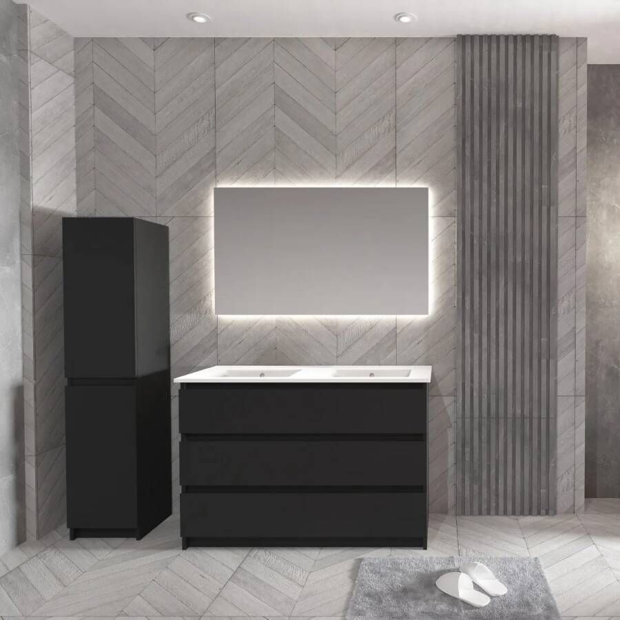 SaniGoods Rocky staand badmeubel 120cm zwart met keramische wastafel zonder kraangaten wit glans