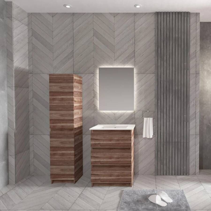 SaniGoods Rocky staand badmeubel 60cm walnoot met keramische wastafel zonder kraangat wit glans