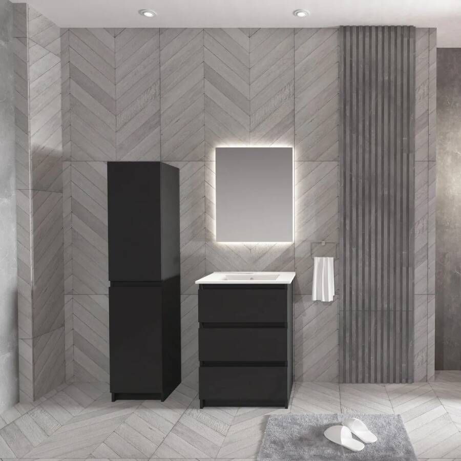 SaniGoods Rocky staand badmeubel 60cm zwart met keramische wastafel zonder kraangat wit glans