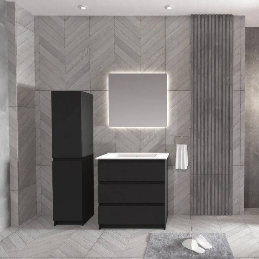 SaniGoods Rocky staand badmeubel 80cm zwart met keramische wastafel zonder kraangat wit glans