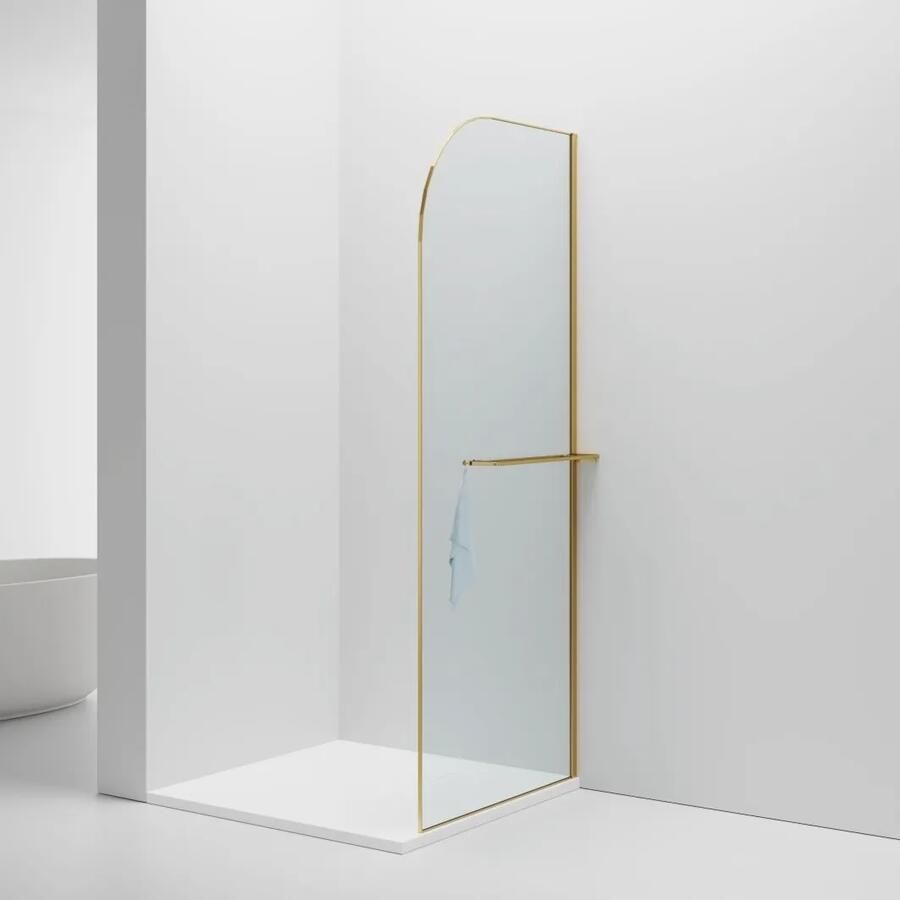 SaniGoods Curvea inloopdouche met handdoekhouder geborsteld goud 100x200cm
