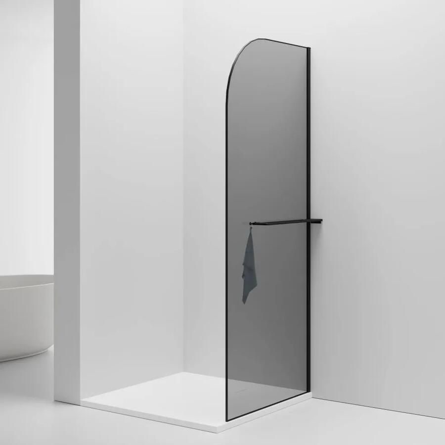 SaniGoods Curvea rookglas inloopdouche met handdoekhouder mat zwart 100x200cm