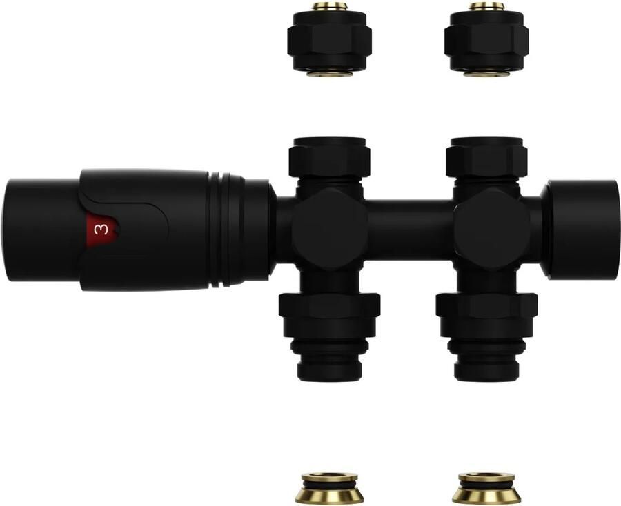 BWS Radiatorkraan Thermostatisch Muur- en Vloeraansluiting 1 2MX16 2 M30 Mat Zwart
