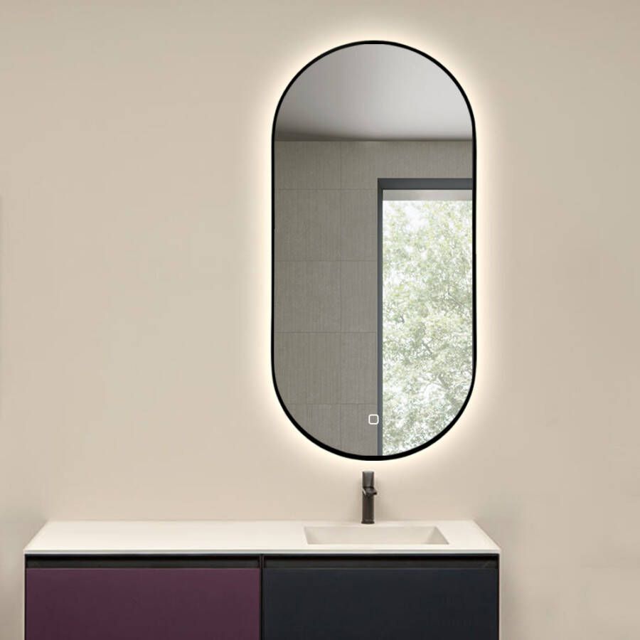 SaniGoods Twinkle zwart ovale spiegel met LED-verlichting en spiegelverwarming 100x50cm