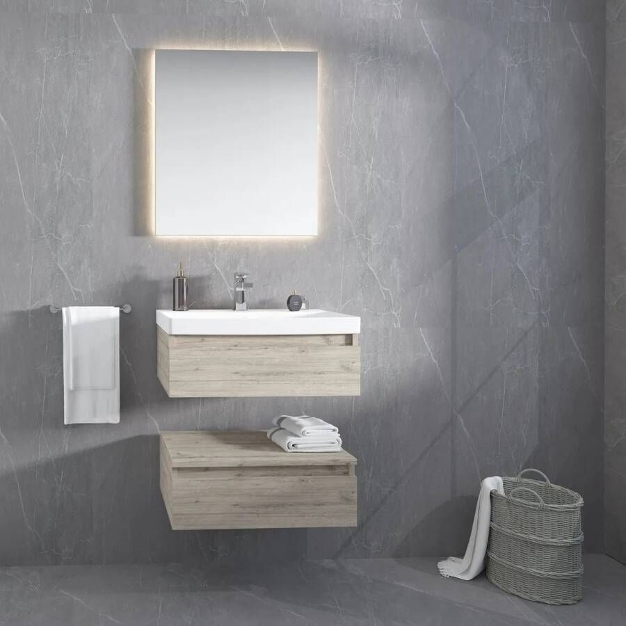 SaniGoods Venice badmeubel 60cm eiken met keramische wastafel met kraangat wit glans