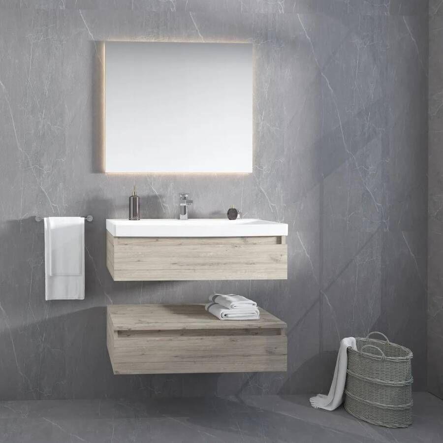 SaniGoods Venice badmeubel 80cm eiken met keramische wastafel met kraangat wit glans