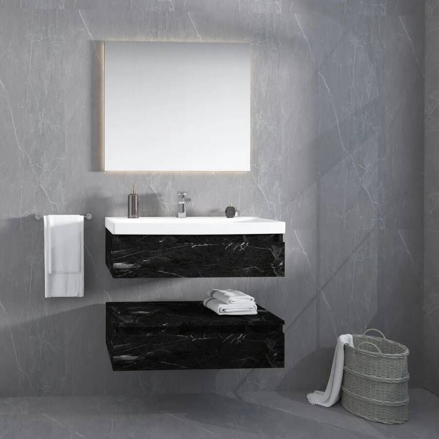 SaniGoods Venice badmeubel 80cm zwart marmer met keramische wastafel met kraangat wit glans