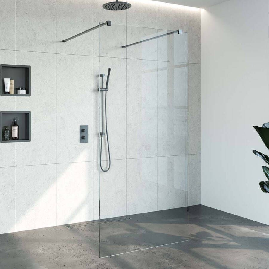 Saniclass Create inloopdouche vrijstaand 100x200cm profielloos met antikalk en 8mm veiligheidsglas geborsteld RVS 4JC7-100g
