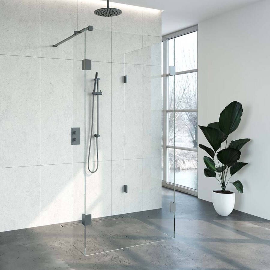 Brauer 4JC5 inloopdouche reversed met vaste zijwand 100 x 100 x 30 cm gunmetal geborsteld