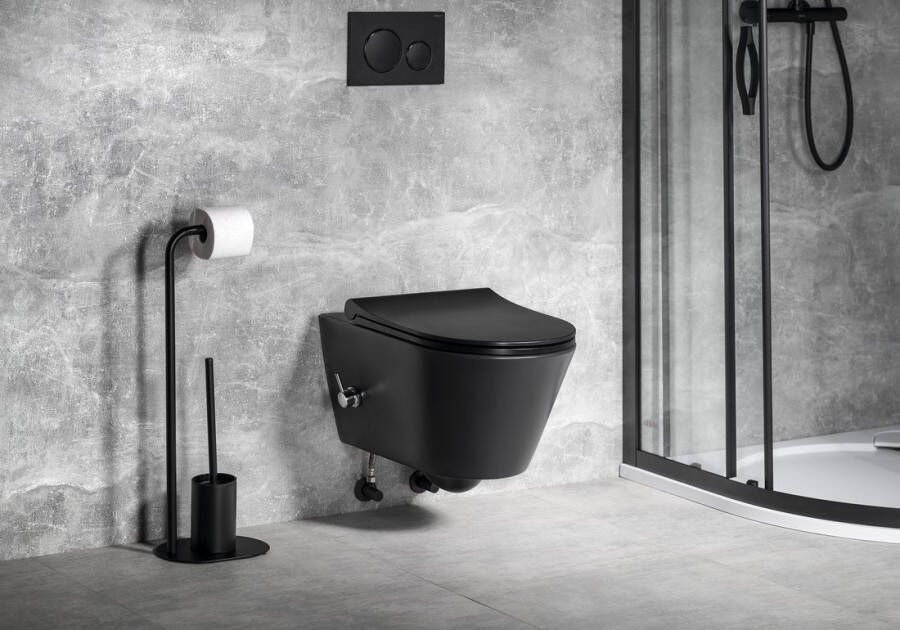 Sapho Avva hangend randloos toilet met bidetspoeler en mengkraan 36x53cm zwart mat