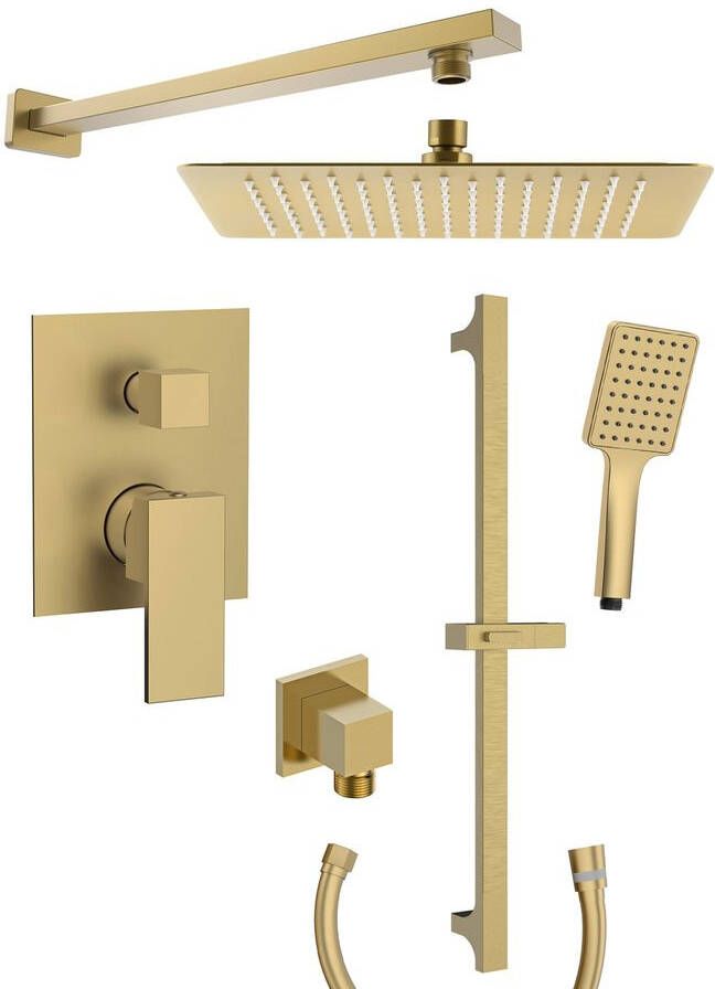 Sapho Cubemix inbouw regendouche vierkant 30cm met wandarm handdouche en glijstang goud mat