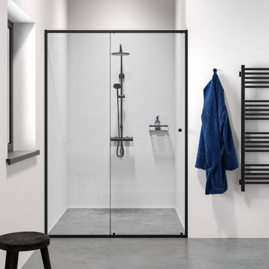 Sealskin Contour schuifdeur voor nis 140 cm 200 cm hoog zwart 6 mm helder veiligheidsglas CCD121406195100