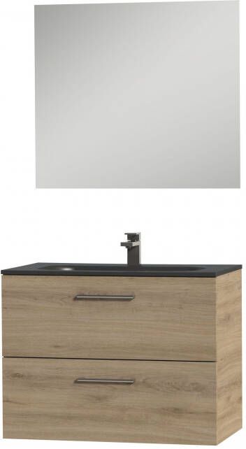 Tiger Studio badkamermeubel incl spiegel en zwarte wastafel 80cm chalet eiken