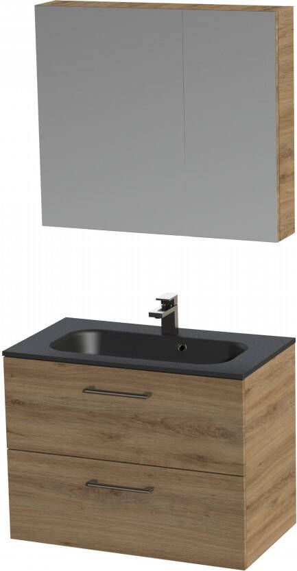 Tiger Studio badkamermeubel met spiegelkast en zwarte wastafel 80cm chalet eiken