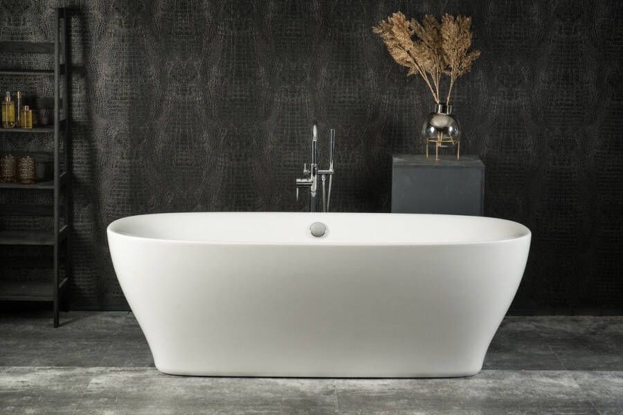 Xenz Daan vrijstaand bad 180x80cm glans wit met afvoer- overloopcombinatie grafiet geborsteld