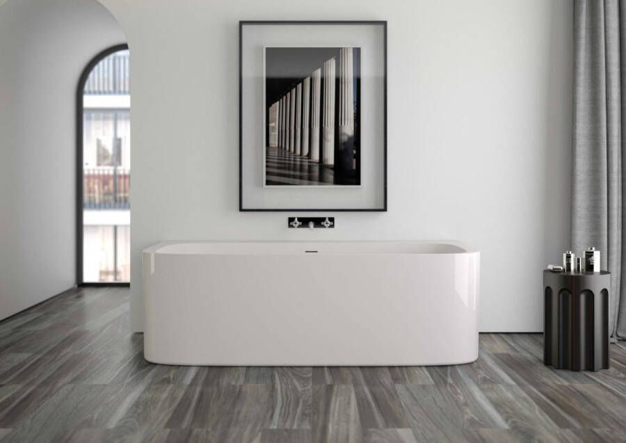 Xenz Valerie halfvrijstaand bad 190x99cm glans wit met badafvoer- overloopcombinatie grafiet geborsteld