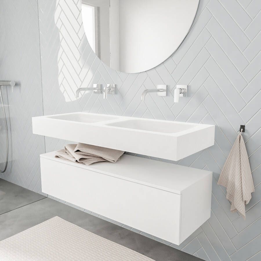 Zaro ALAN vrijhangende wastafel 120cm met wasbak dubbel en onderkast in kleur Wit mat 1 lade(s)