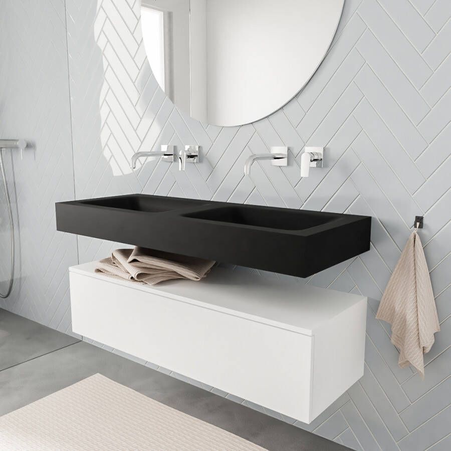 Zaro ALAN vrijhangende wastafel 120cm met wasbak dubbel en onderkast in kleur Wit mat 1 lade(s)