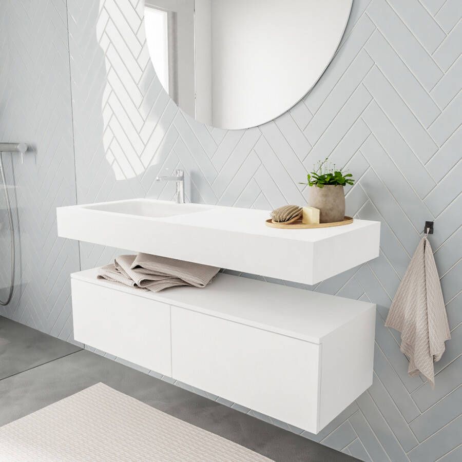 Zaro ALAN vrijhangende wastafel 120cm met wasbak Enkel links en onderkast in kleur Wit mat 2 lade(s)