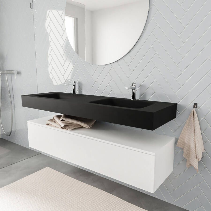 Zaro ALAN vrijhangende wastafel 150cm met wasbak dubbel en onderkast in kleur Wit mat 1 lade(s)