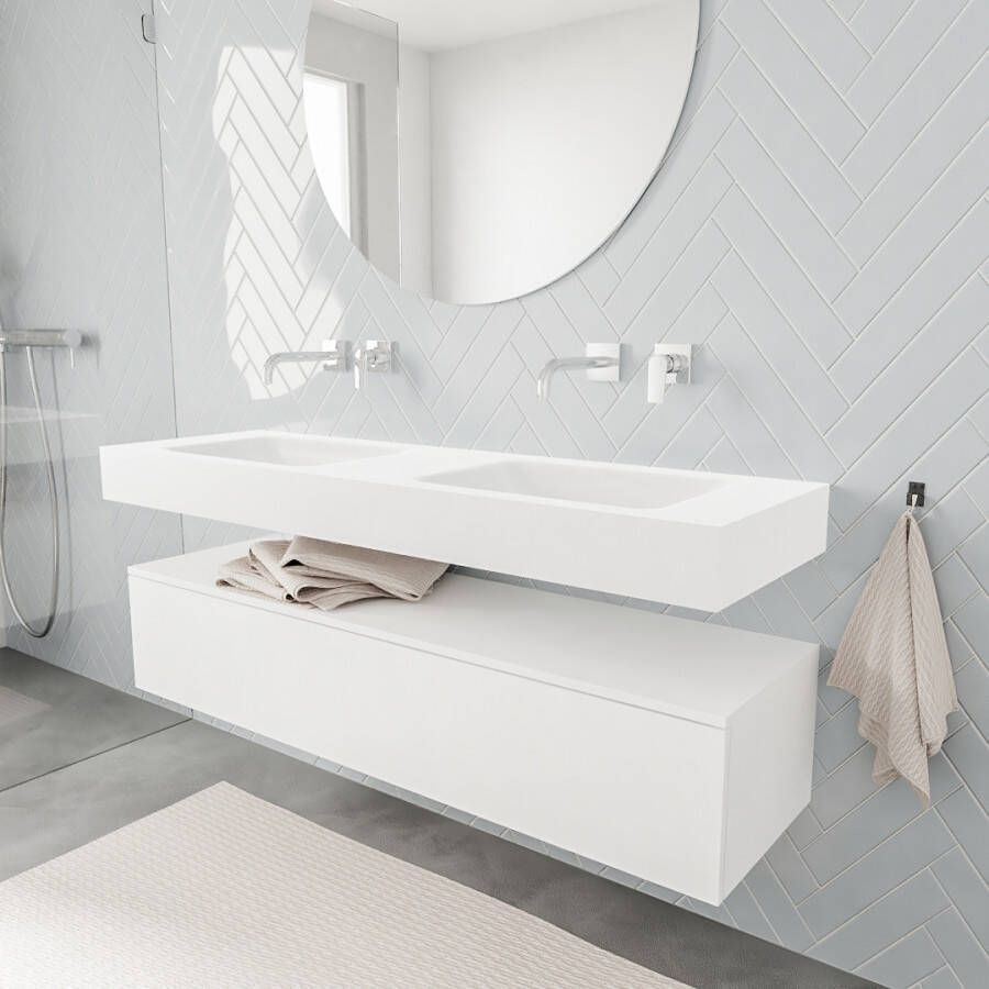 Zaro ALAN vrijhangende wastafel 150cm met wasbak dubbel en onderkast in kleur Wit mat 1 lade(s)