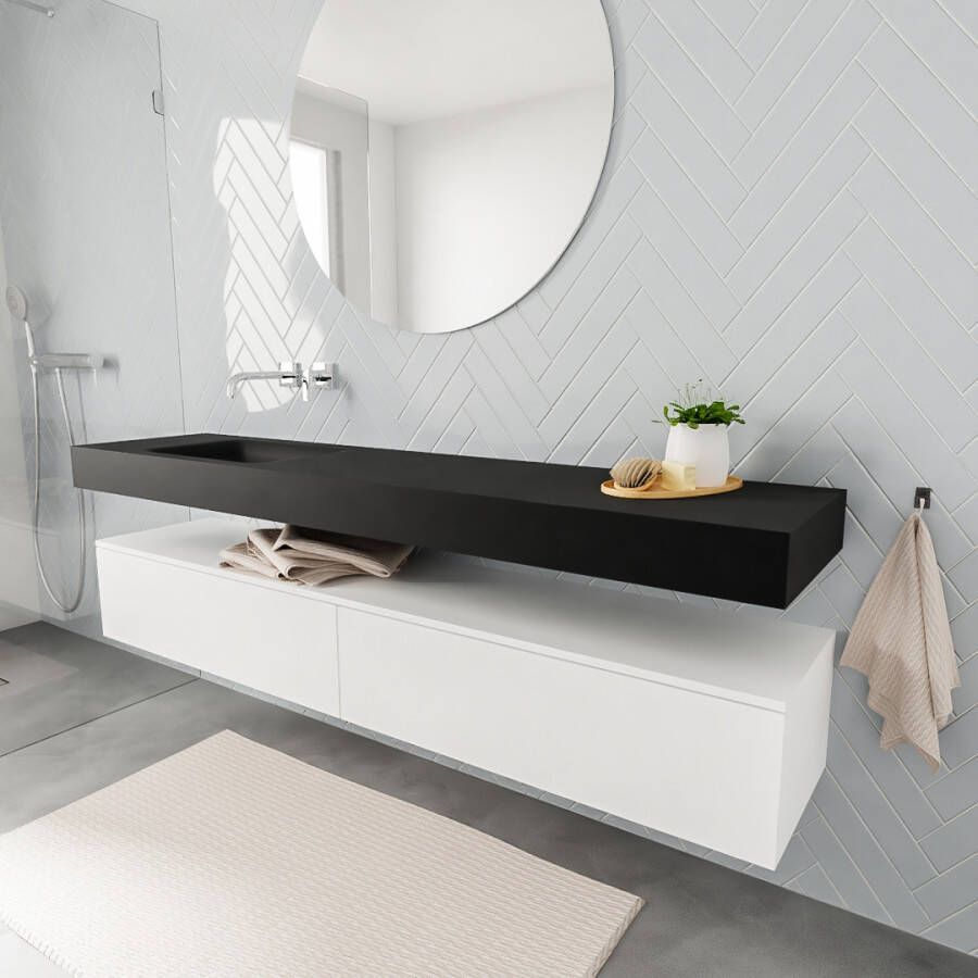 Zaro ALAN vrijhangende wastafel 200cm met wasbak Enkel links en onderkast in kleur Wit mat 2 lade(s)