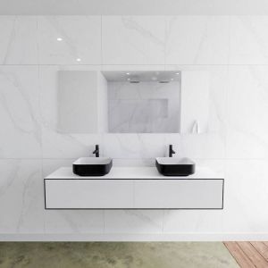 Zaro Lagom volledig naadloos solid surface onderkast met topblad 170cm mat zwart met 2 lades Push tot open. Compleet met solid surface opzetkom met 0 kraangat(en)