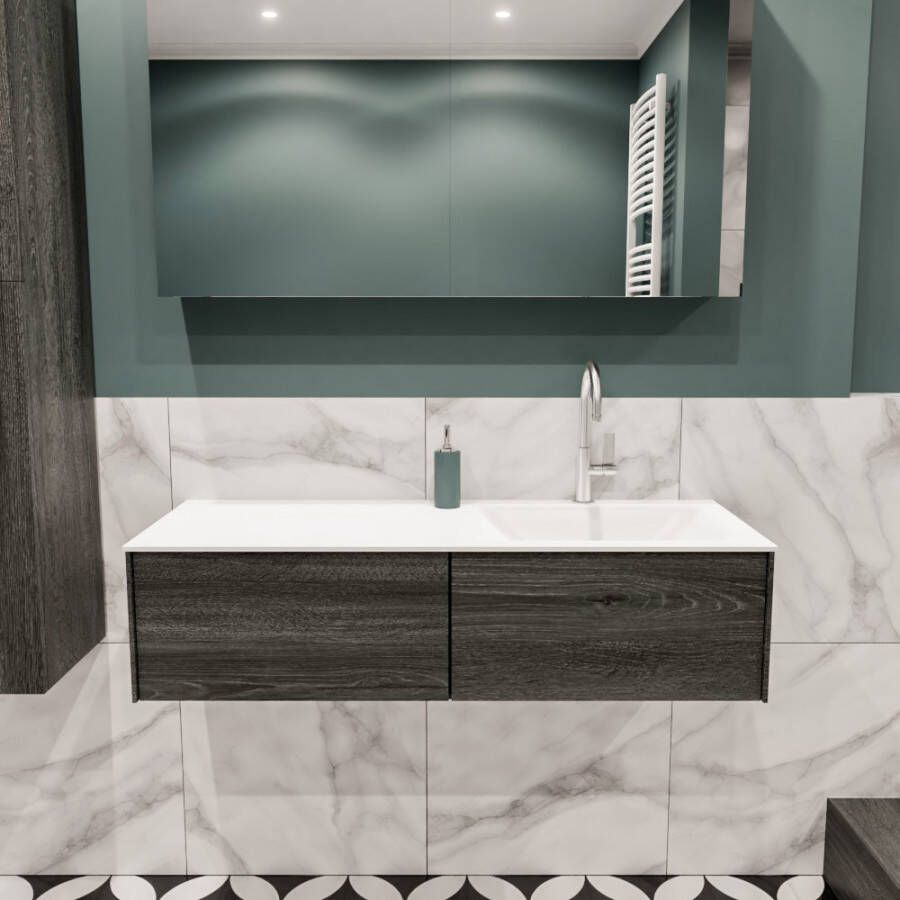 Zaro Lush onderkast 120cm in kleur ANTRACITE met 2 lades Push tot open geschikt voor rechtse wastafel. Compleet met solid surface wastafel cloud M35164met 1 kraangat(en)