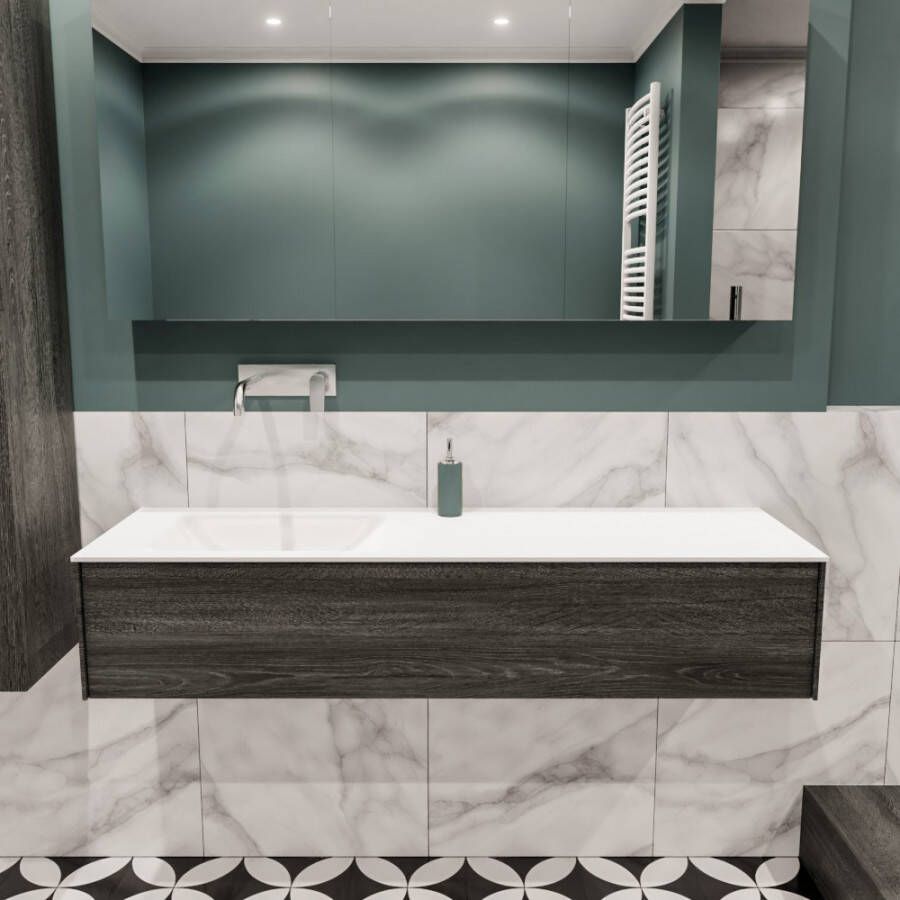 Zaro Lush onderkast 150cm in kleur ANTRACITE met 1 lade Push tot open geschikt voor linkse wastafel. Compleet met solid surface wastafel cloud M35217met 0 kraangat(en)