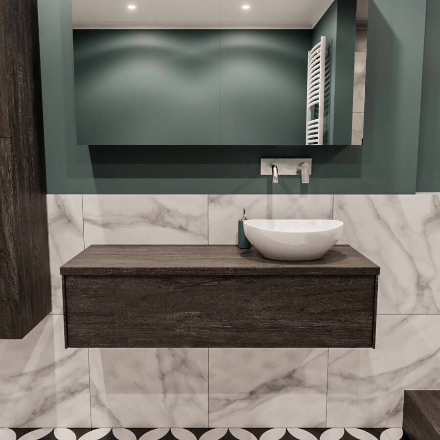 Zaro Lush onderkast met topblad 120cm in kleur DARK BROWN met 1 lades Push tot open geschikt voor rechtse wastafel. Met ovale keramische opzetkom met 0 kraangat(en) in het topblad