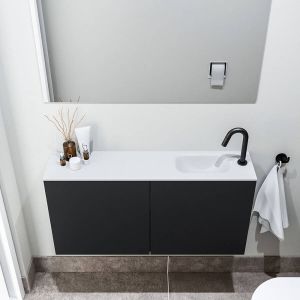 Zaro Polly toiletmeubel 100cm mat zwart met witte wastafel met kraangat rechts