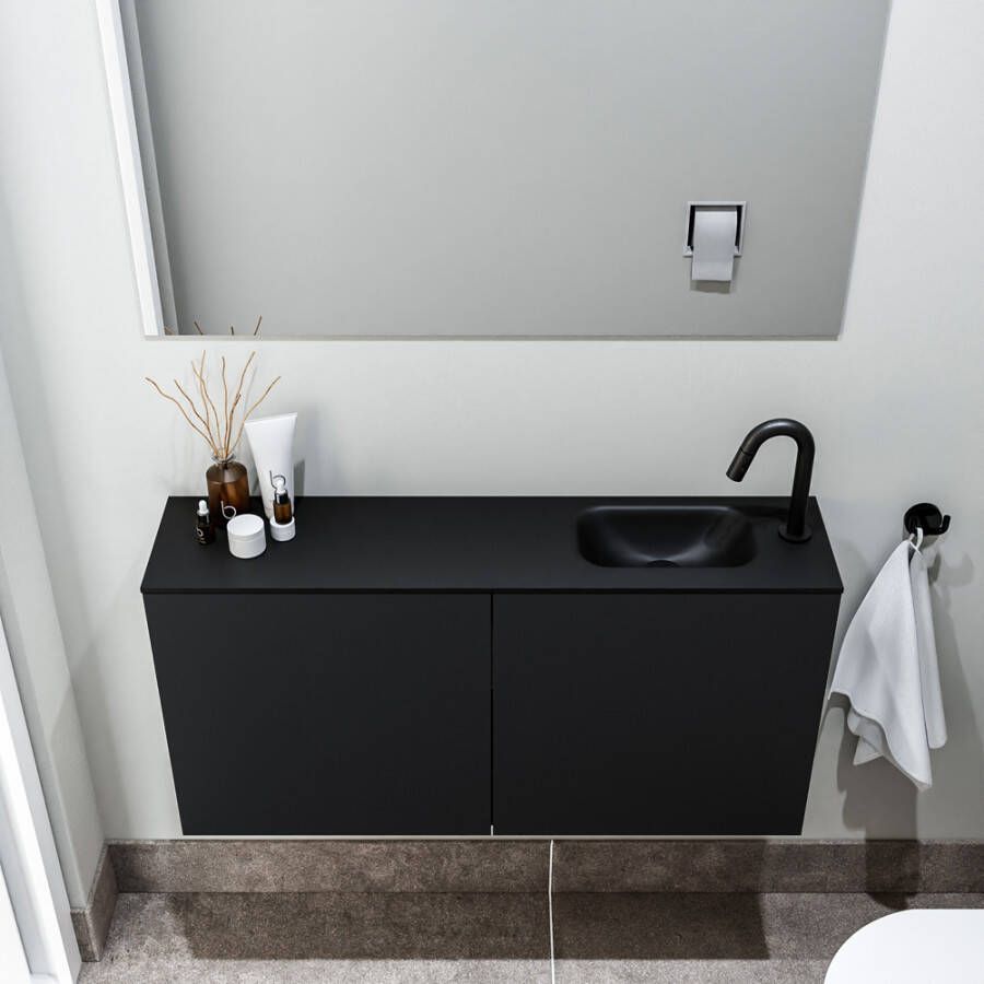 Zaro Polly toiletmeubel 100cm mat zwart met zwarte wastafel met kraangat rechts