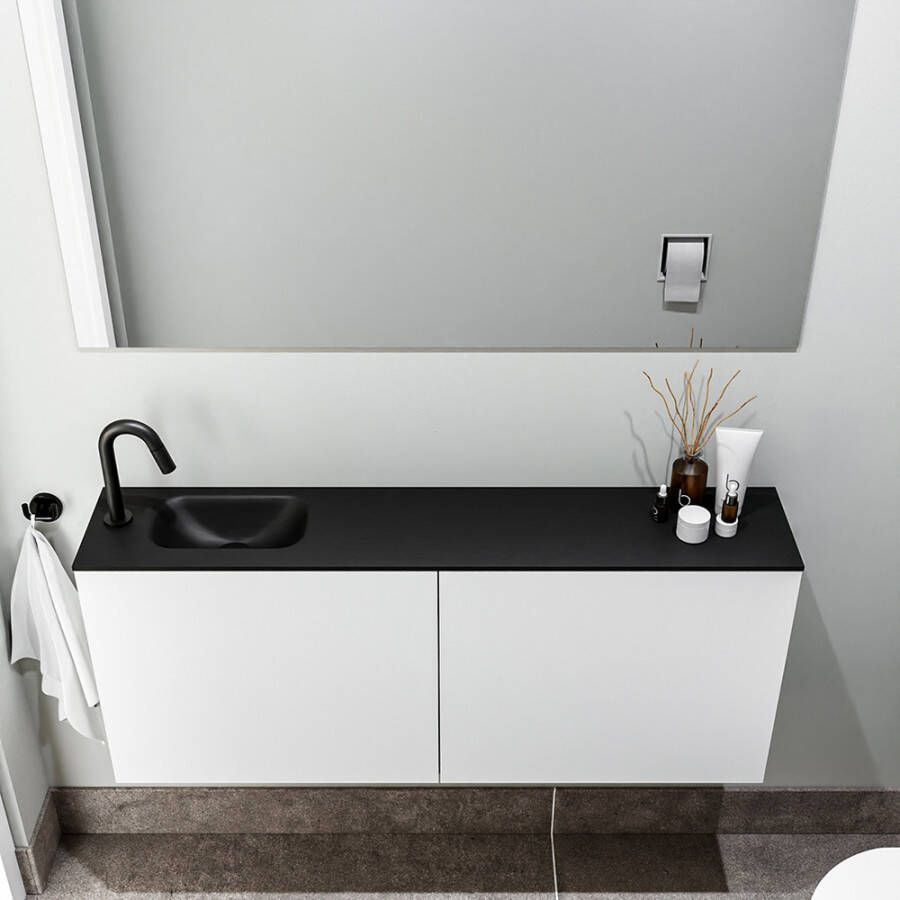 Zaro Polly toiletmeubel 120cm mat wit met zwarte wastafel met kraangat links